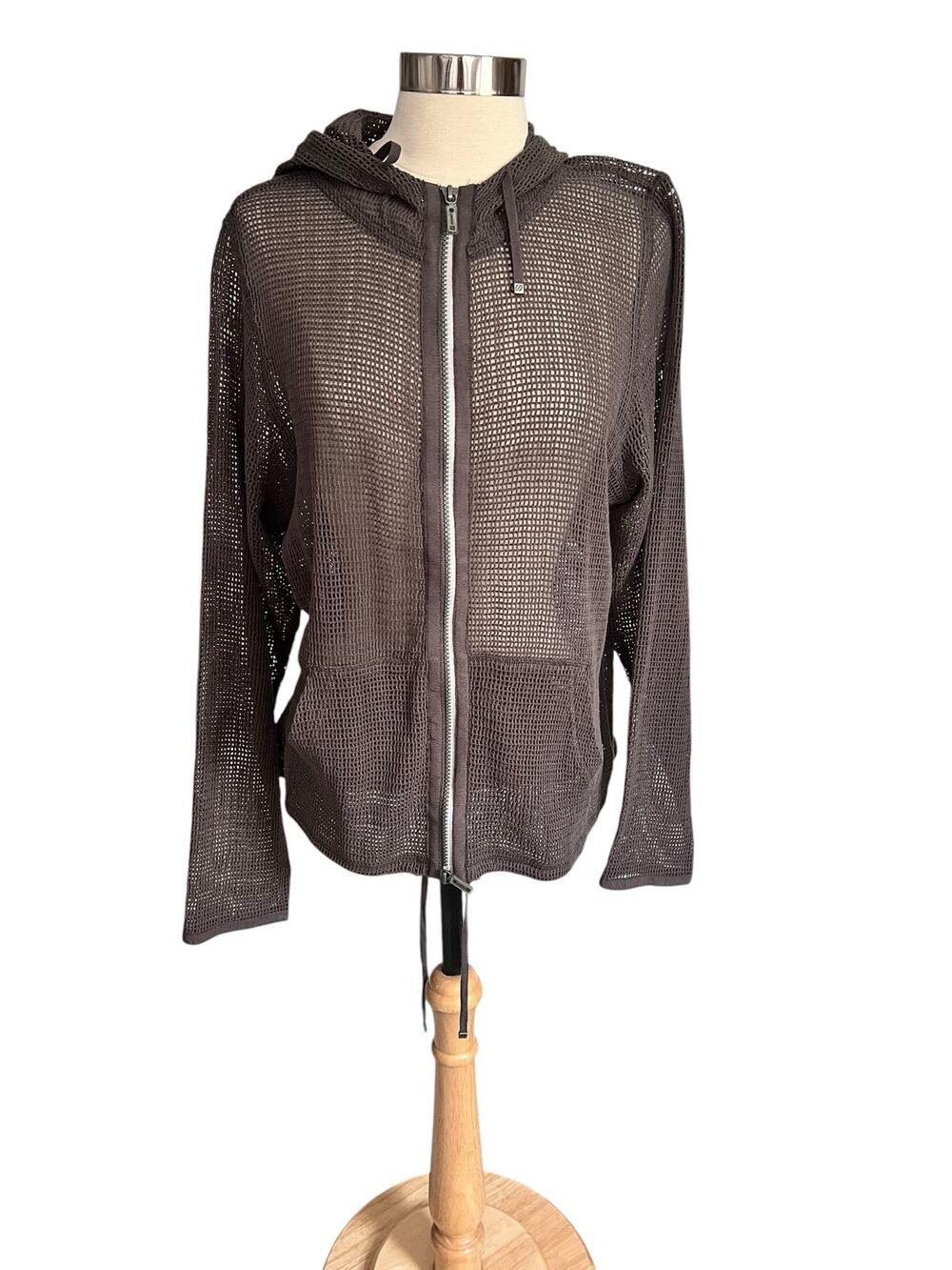Spanner Fish Net  Full Zip Swim Beach Cover Up Hoodie  Dark Taupe Size Large